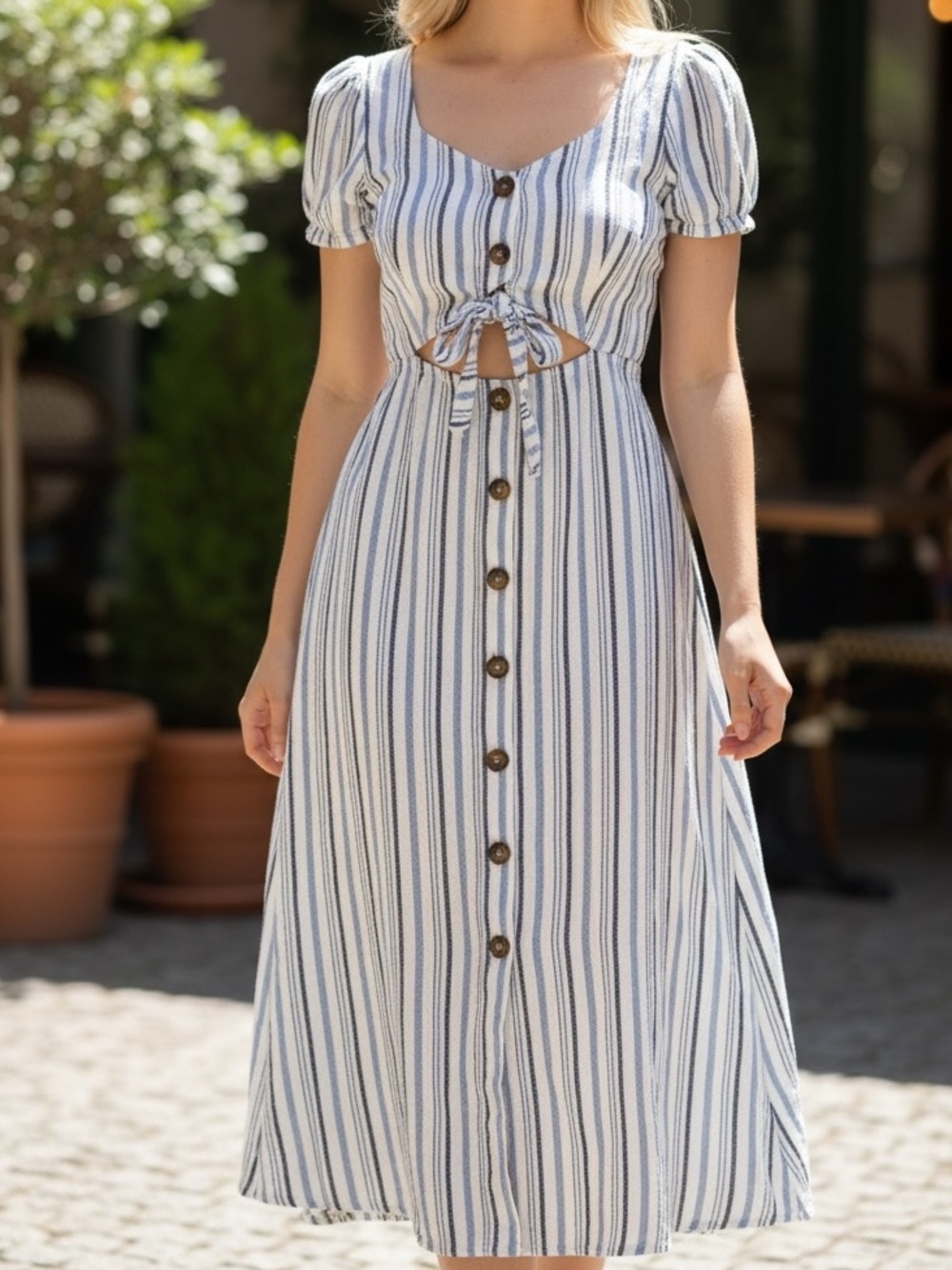 Hollister Blue and White Striped Midi Dress with Front Button Tie Cotton Blend